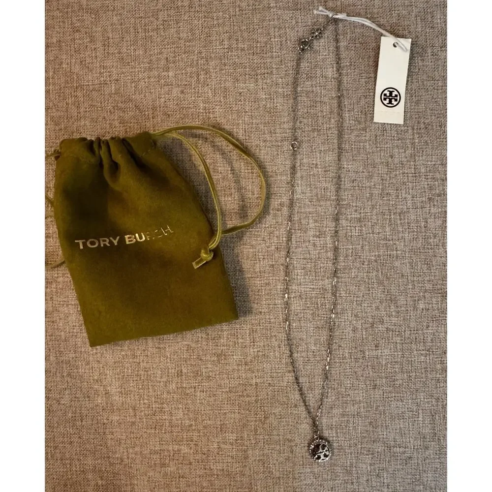 Tory Burch Miller Small Rope Logo Pendant Necklace Silver Tone Chain 18 inch.